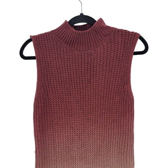 Vintage Sleeveless High Low Turtleneck Sweater Dress S Ombre Maroon Cream Knit - Picture 4 of 8